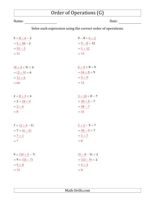 The Order of Operations with Whole Numbers and No Exponents (Three Steps) (G) Math Worksheet Page 2