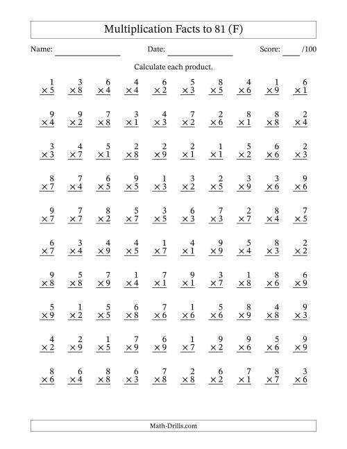 The Multiplication Facts to 81 (100 Questions) (No Zeros) (F) Math Worksheet