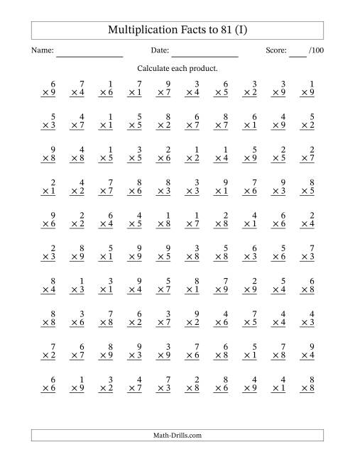 The Multiplication Facts to 81 (100 Questions) (No Zeros) (I) Math Worksheet