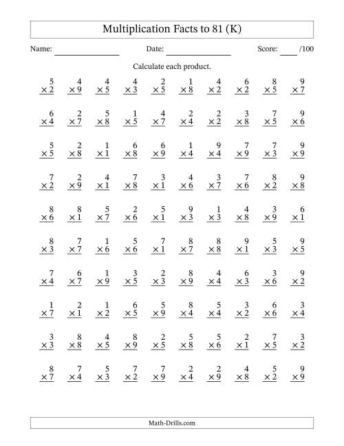 The Multiplication Facts to 81 (100 Questions) (No Zeros) (K) Math Worksheet