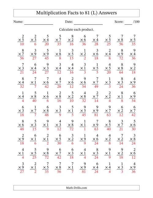 The Multiplication Facts to 81 (100 Questions) (No Zeros) (L) Math Worksheet Page 2