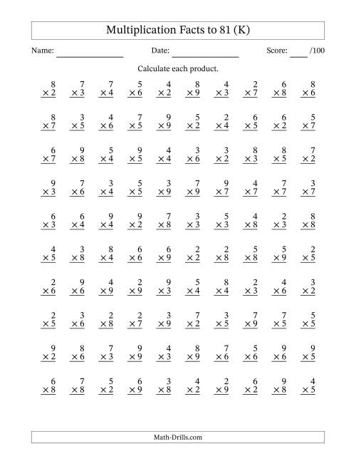 The Multiplication Facts to 81 (100 Questions) (No Zeros or Ones) (K) Math Worksheet