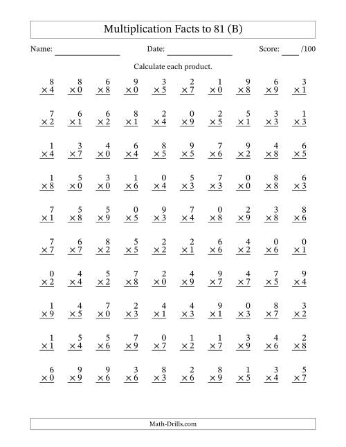 The Multiplication Facts to 81 (100 Questions) (With Zeros) (B) Math Worksheet