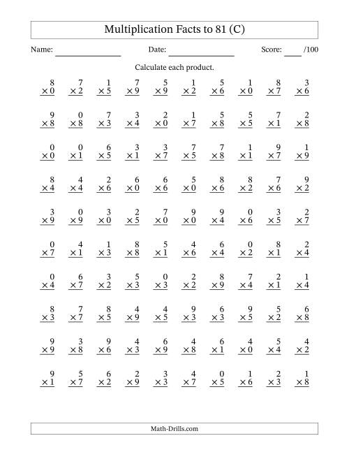 The Multiplication Facts to 81 (100 Questions) (With Zeros) (C) Math Worksheet