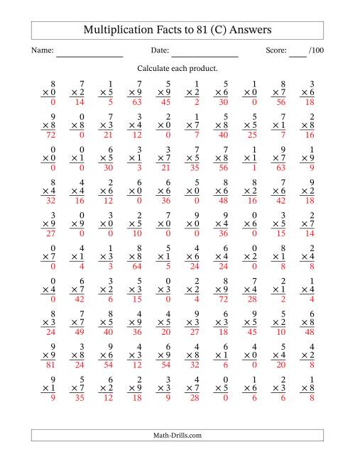 The Multiplication Facts to 81 (100 Questions) (With Zeros) (C) Math Worksheet Page 2