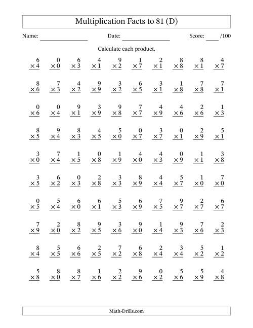 The Multiplication Facts to 81 (100 Questions) (With Zeros) (D) Math Worksheet