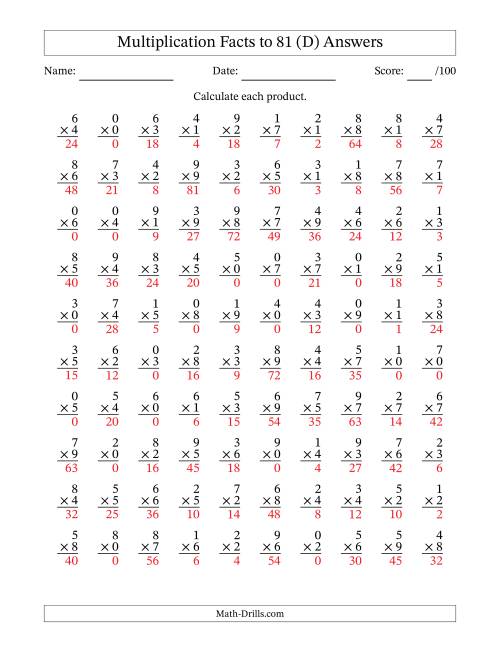The Multiplication Facts to 81 (100 Questions) (With Zeros) (D) Math Worksheet Page 2