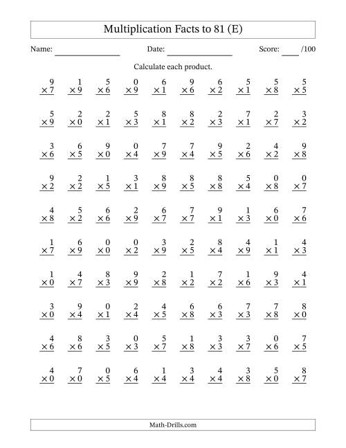 The Multiplication Facts to 81 (100 Questions) (With Zeros) (E) Math Worksheet