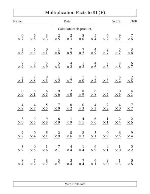 The Multiplication Facts to 81 (100 Questions) (With Zeros) (F) Math Worksheet