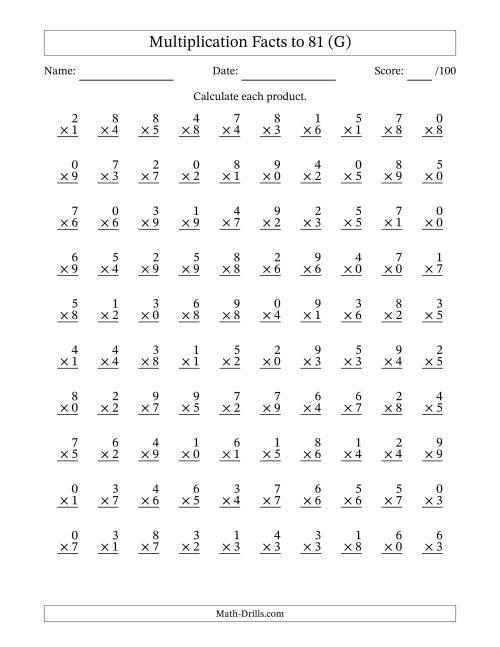 The Multiplication Facts to 81 (100 Questions) (With Zeros) (G) Math Worksheet