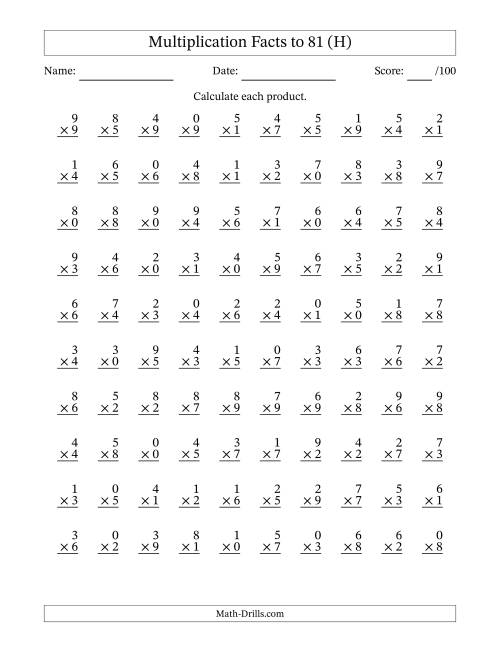 The Multiplication Facts to 81 (100 Questions) (With Zeros) (H) Math Worksheet