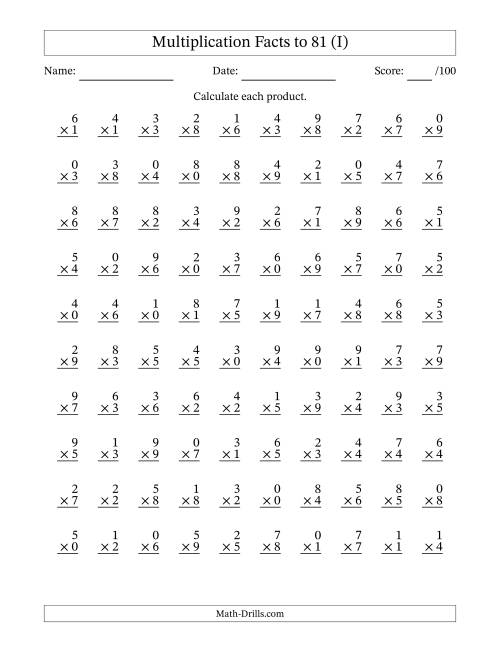 The Multiplication Facts to 81 (100 Questions) (With Zeros) (I) Math Worksheet