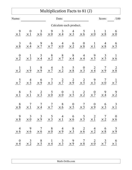 The Multiplication Facts to 81 (100 Questions) (With Zeros) (J) Math Worksheet