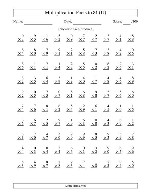 The Multiplication Facts to 81 (100 Questions) (With Zeros) (U) Math Worksheet