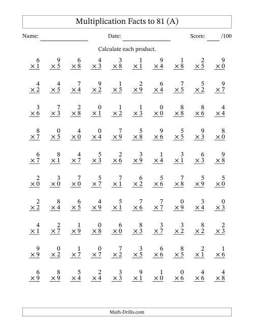The Multiplication Facts to 81 (100 Questions) (With Zeros) (All) Math Worksheet