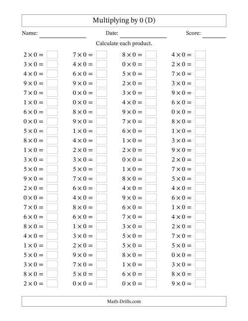 The Horizontally Arranged Multiplying (0 to 9) by 0 (100 Questions) (D) Math Worksheet