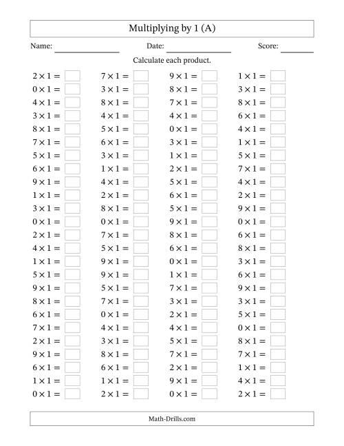 The Horizontally Arranged Multiplying (0 to 9) by 1 (100 Questions) (A) Math Worksheet