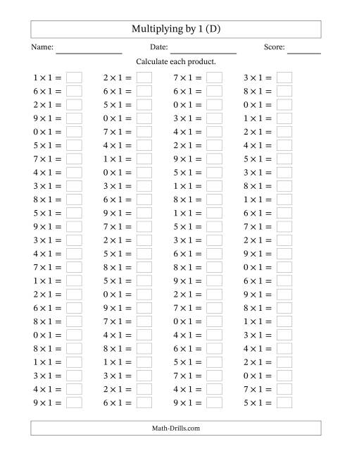 The Horizontally Arranged Multiplying (0 to 9) by 1 (100 Questions) (D) Math Worksheet