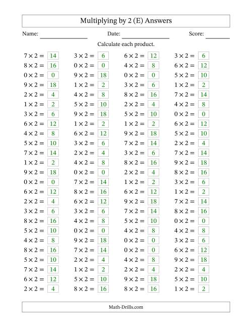 The Horizontally Arranged Multiplying (0 to 9) by 2 (100 Questions) (E) Math Worksheet Page 2