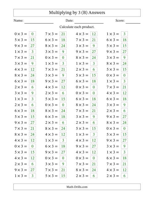 The Horizontally Arranged Multiplying (0 to 9) by 3 (100 Questions) (B) Math Worksheet Page 2