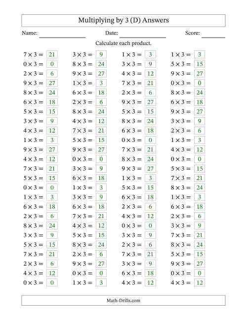 The Horizontally Arranged Multiplying (0 to 9) by 3 (100 Questions) (D) Math Worksheet Page 2