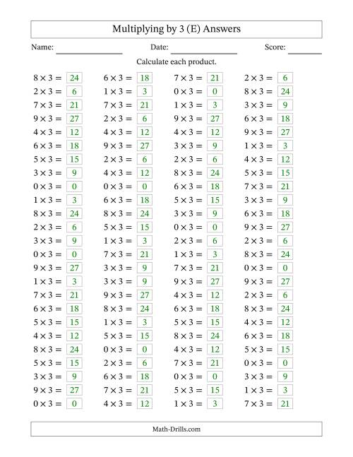 The Horizontally Arranged Multiplying (0 to 9) by 3 (100 Questions) (E) Math Worksheet Page 2