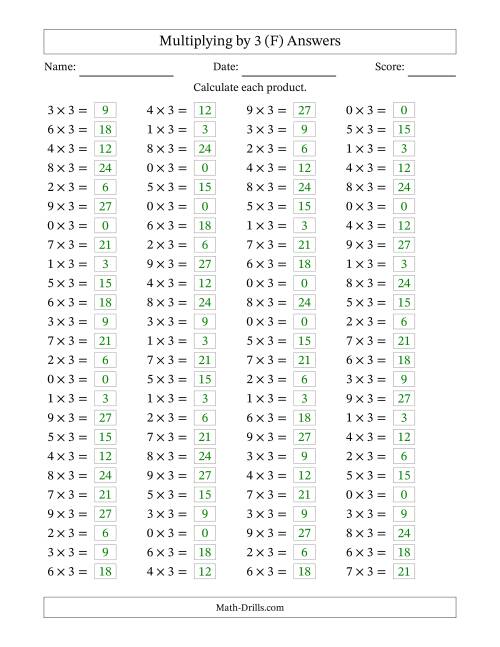 The Horizontally Arranged Multiplying (0 to 9) by 3 (100 Questions) (F) Math Worksheet Page 2