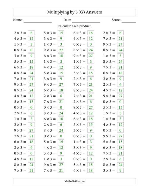 The Horizontally Arranged Multiplying (0 to 9) by 3 (100 Questions) (G) Math Worksheet Page 2
