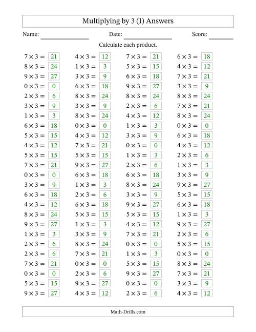 The Horizontally Arranged Multiplying (0 to 9) by 3 (100 Questions) (I) Math Worksheet Page 2