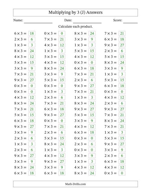 The Horizontally Arranged Multiplying (0 to 9) by 3 (100 Questions) (J) Math Worksheet Page 2