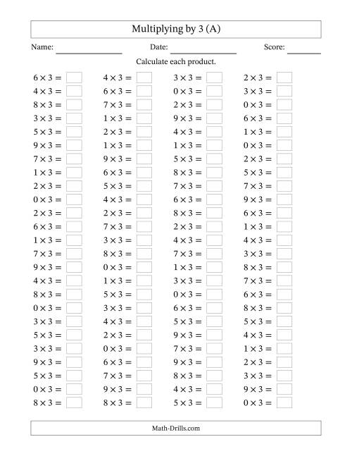 The Horizontally Arranged Multiplying (0 to 9) by 3 (100 Questions) (All) Math Worksheet