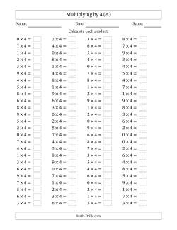 Horizontally Arranged Multiplying (0 to 9) by 4 (100 Questions)