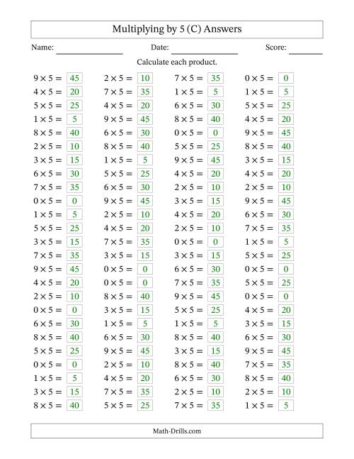 The Horizontally Arranged Multiplying (0 to 9) by 5 (100 Questions) (C) Math Worksheet Page 2