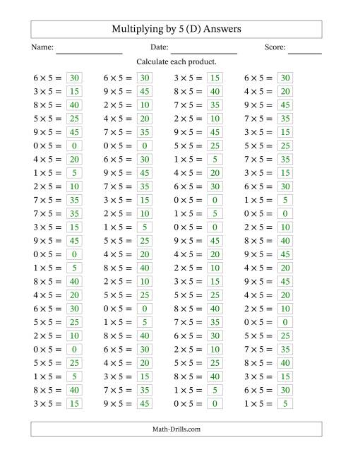 The Horizontally Arranged Multiplying (0 to 9) by 5 (100 Questions) (D) Math Worksheet Page 2