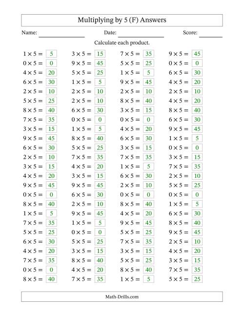 The Horizontally Arranged Multiplying (0 to 9) by 5 (100 Questions) (F) Math Worksheet Page 2