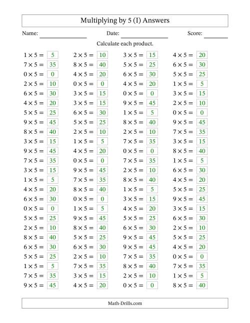 The Horizontally Arranged Multiplying (0 to 9) by 5 (100 Questions) (I) Math Worksheet Page 2