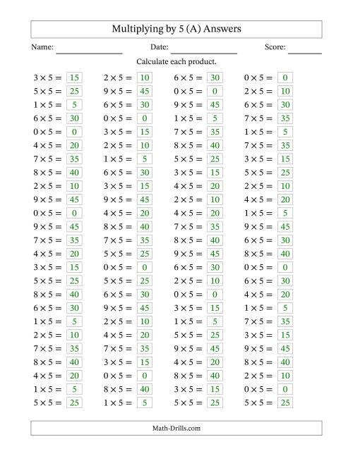 The Horizontally Arranged Multiplying (0 to 9) by 5 (100 Questions) (All) Math Worksheet Page 2