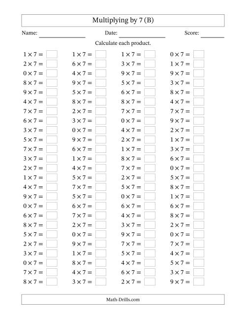 The Horizontally Arranged Multiplying (0 to 9) by 7 (100 Questions) (B) Math Worksheet
