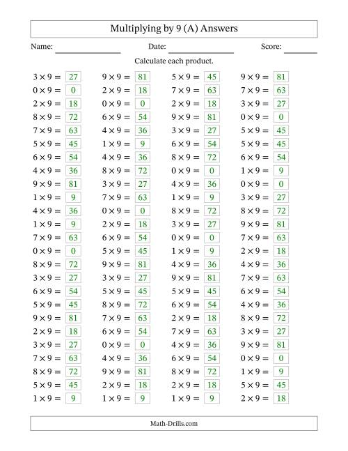 The Horizontally Arranged Multiplying (0 to 9) by 9 (100 Questions) (A) Math Worksheet Page 2