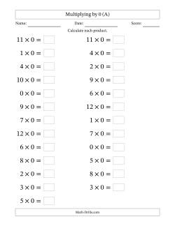 Horizontally Arranged Multiplying (0 to 12) by 0 (25 Questions; Large Print)