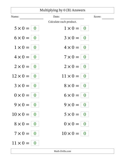 The Horizontally Arranged Multiplying (0 to 12) by 0 (25 Questions; Large Print) (B) Math Worksheet Page 2