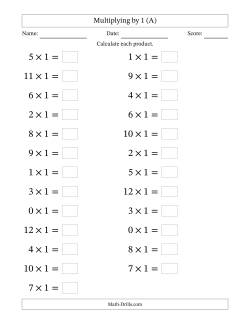 Horizontally Arranged Multiplying (0 to 12) by 1 (25 Questions; Large Print)