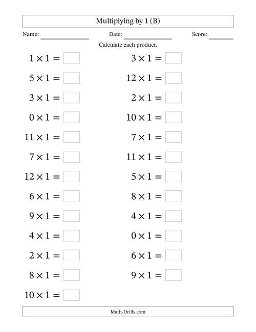 The Horizontally Arranged Multiplying (0 to 12) by 1 (25 Questions; Large Print) (B) Math Worksheet