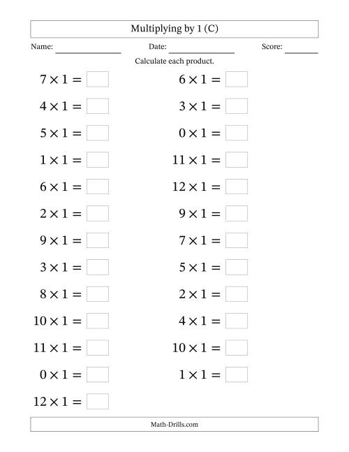 The Horizontally Arranged Multiplying (0 to 12) by 1 (25 Questions; Large Print) (C) Math Worksheet