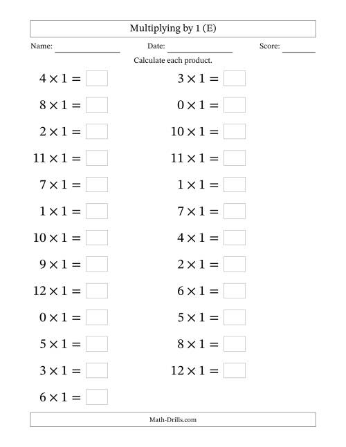 The Horizontally Arranged Multiplying (0 to 12) by 1 (25 Questions; Large Print) (E) Math Worksheet
