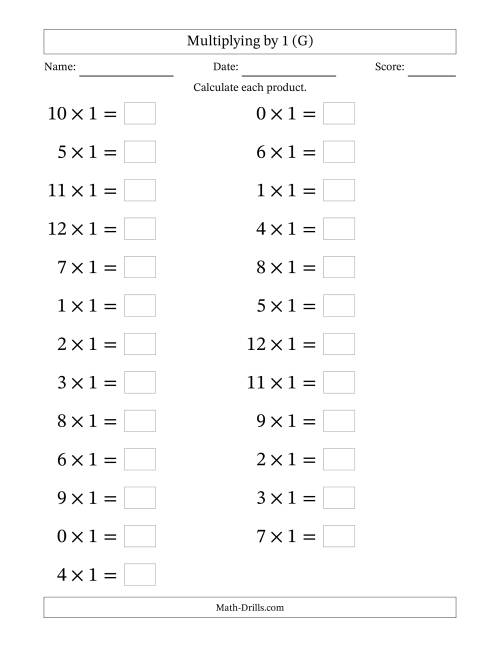 The Horizontally Arranged Multiplying (0 to 12) by 1 (25 Questions; Large Print) (G) Math Worksheet