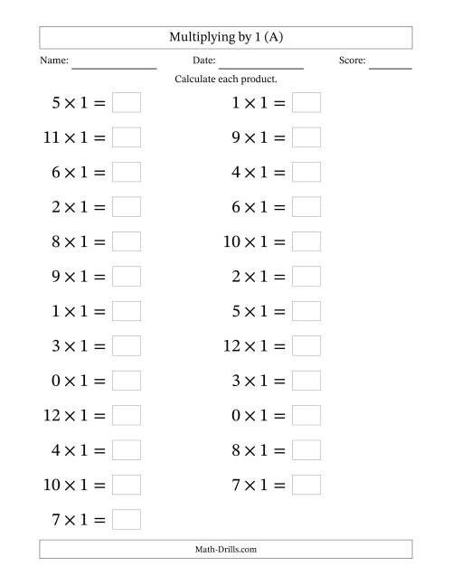 The Horizontally Arranged Multiplying (0 to 12) by 1 (25 Questions; Large Print) (All) Math Worksheet