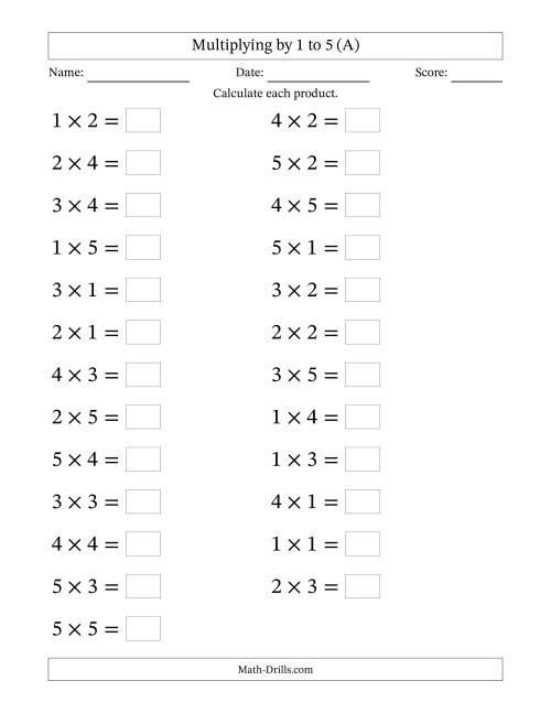 The Horizontally Arranged Multiplication Facts with Factors 1 to 5 and Products to 25 (25 Questions; Large Print) (A) Math Worksheet