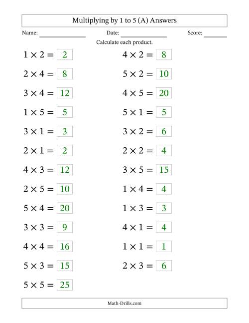 The Horizontally Arranged Multiplication Facts with Factors 1 to 5 and Products to 25 (25 Questions; Large Print) (A) Math Worksheet Page 2