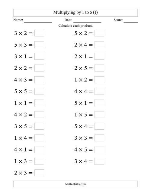 The Horizontally Arranged Multiplication Facts with Factors 1 to 5 and Products to 25 (25 Questions; Large Print) (I) Math Worksheet